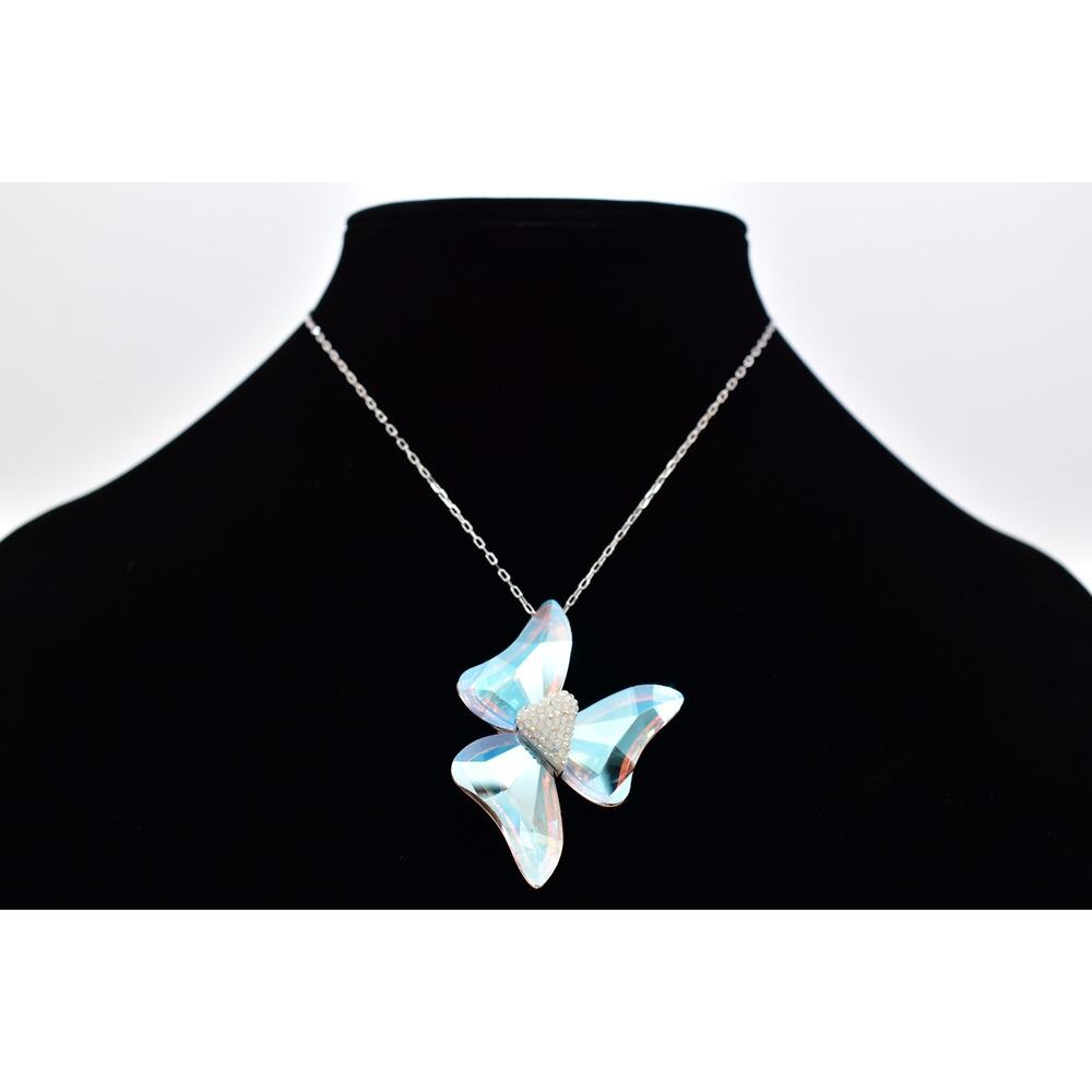 Swarovski Aurora Borealis Crystal Bow Pendant Necklace Silver Swan Signed Bin7B - Picture 2 of 12